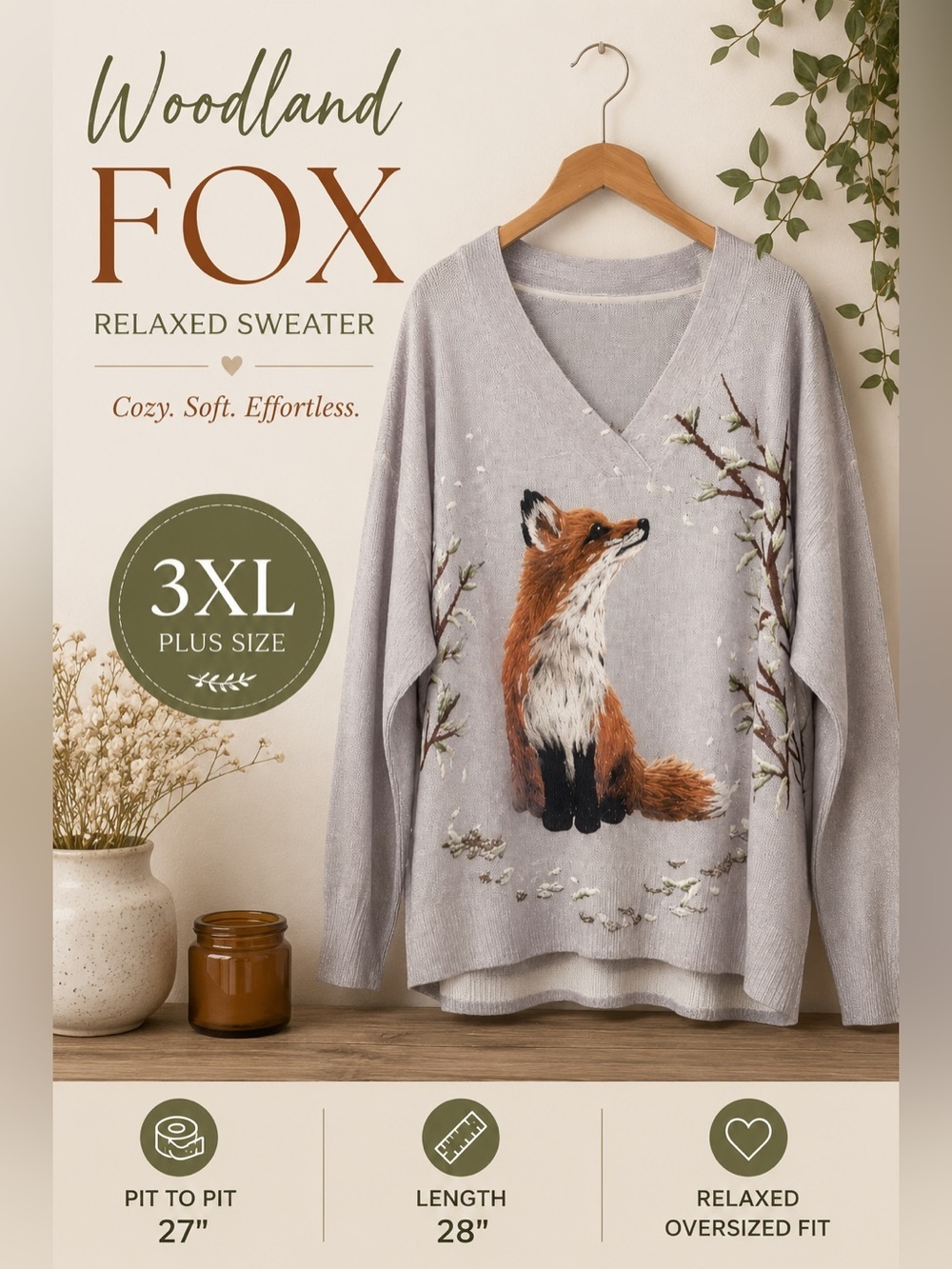 Fox V-Neck Sweater | Woodland Cottagecore Oversized Knit Size 3XL